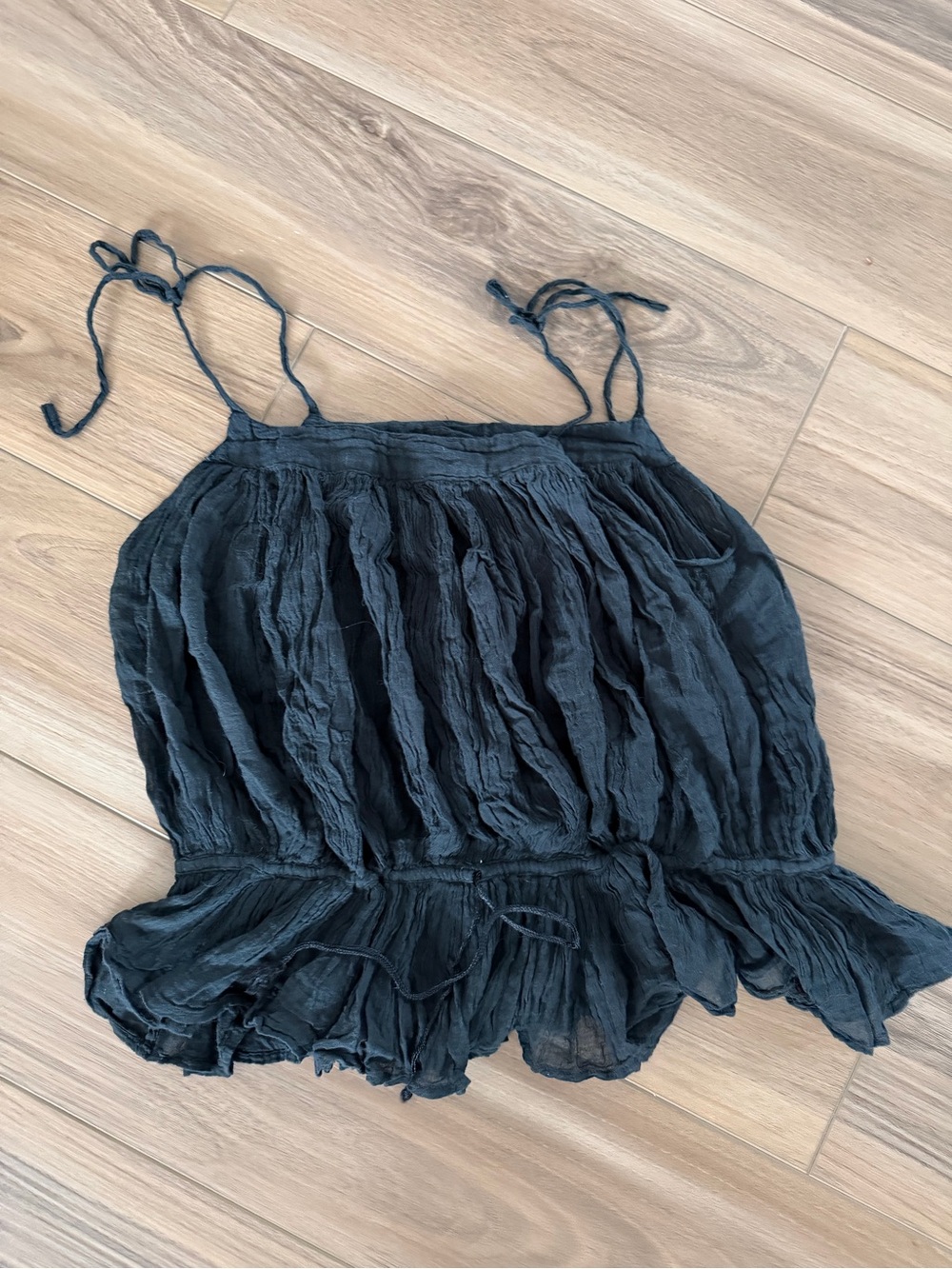 Women’s Black Crinkle Cotton Tie-Strap Top
